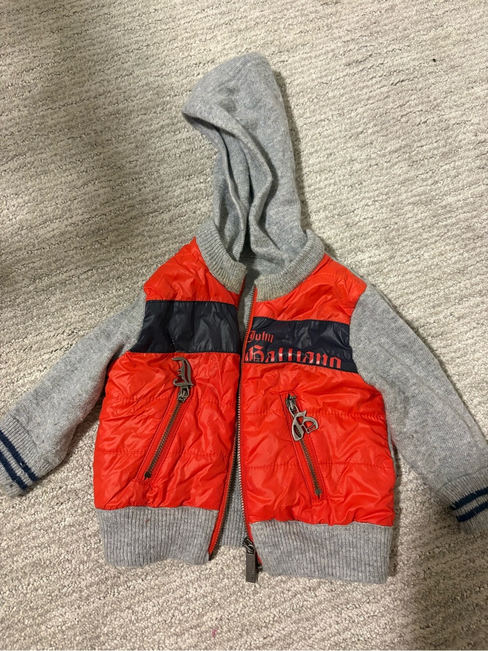 John Galliano 6 months  baby Red and Gray Hooded Puffer Jacket wool